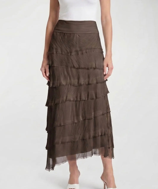 Espresso brown tiered ruffle midi skirt with sheer layered tiers and ruffled hem