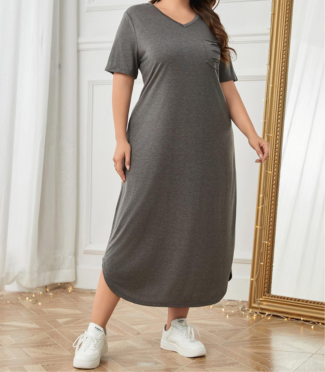 Plus Size Pocketed V-Neck Short Sleeve Lounge Dress