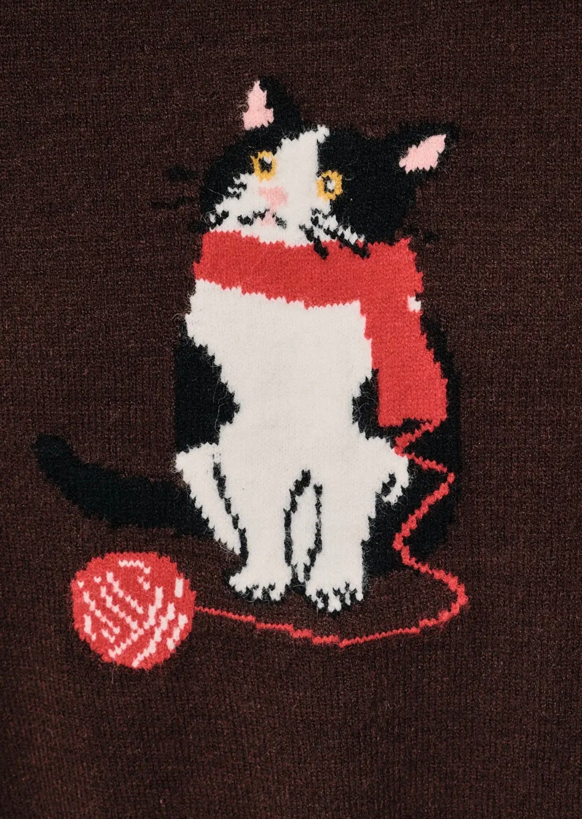 Round Neck Cat Graphic Scarf Long Sleeve Knit Sweater