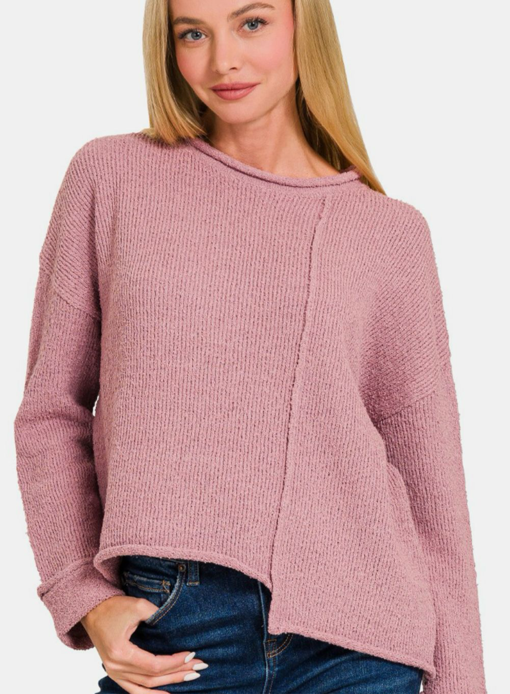 Zenana Asymmetric Hem Drop Shoulder Sweater