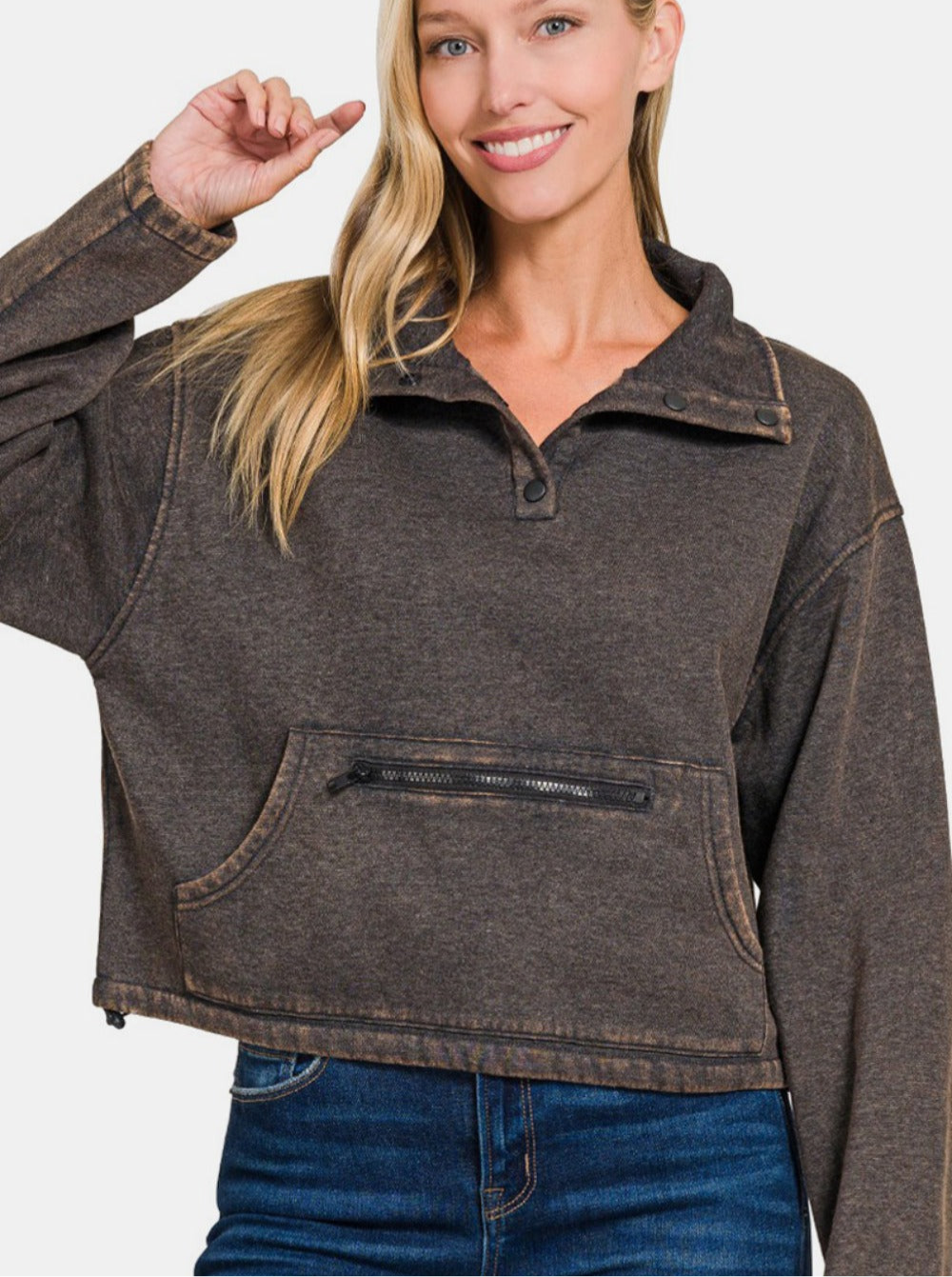 Zenana Acid Wash Fleece Half Snap Sweatshirt with Pocket