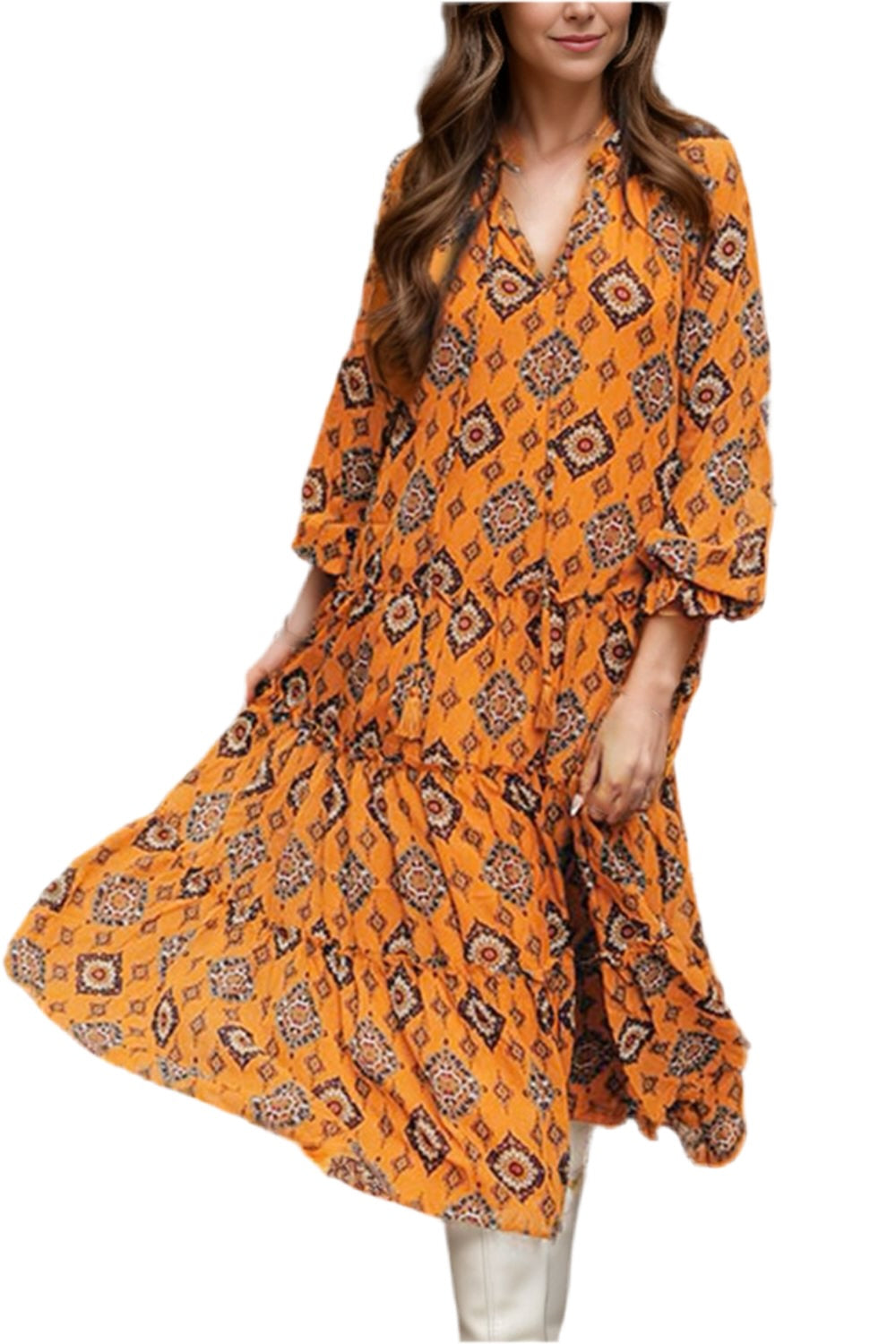 Frill Printed Tie Neck Long Sleeve Dress