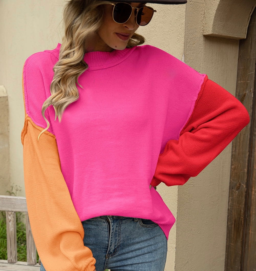 Color Block Round Neck Dropped Shoulder Sweater