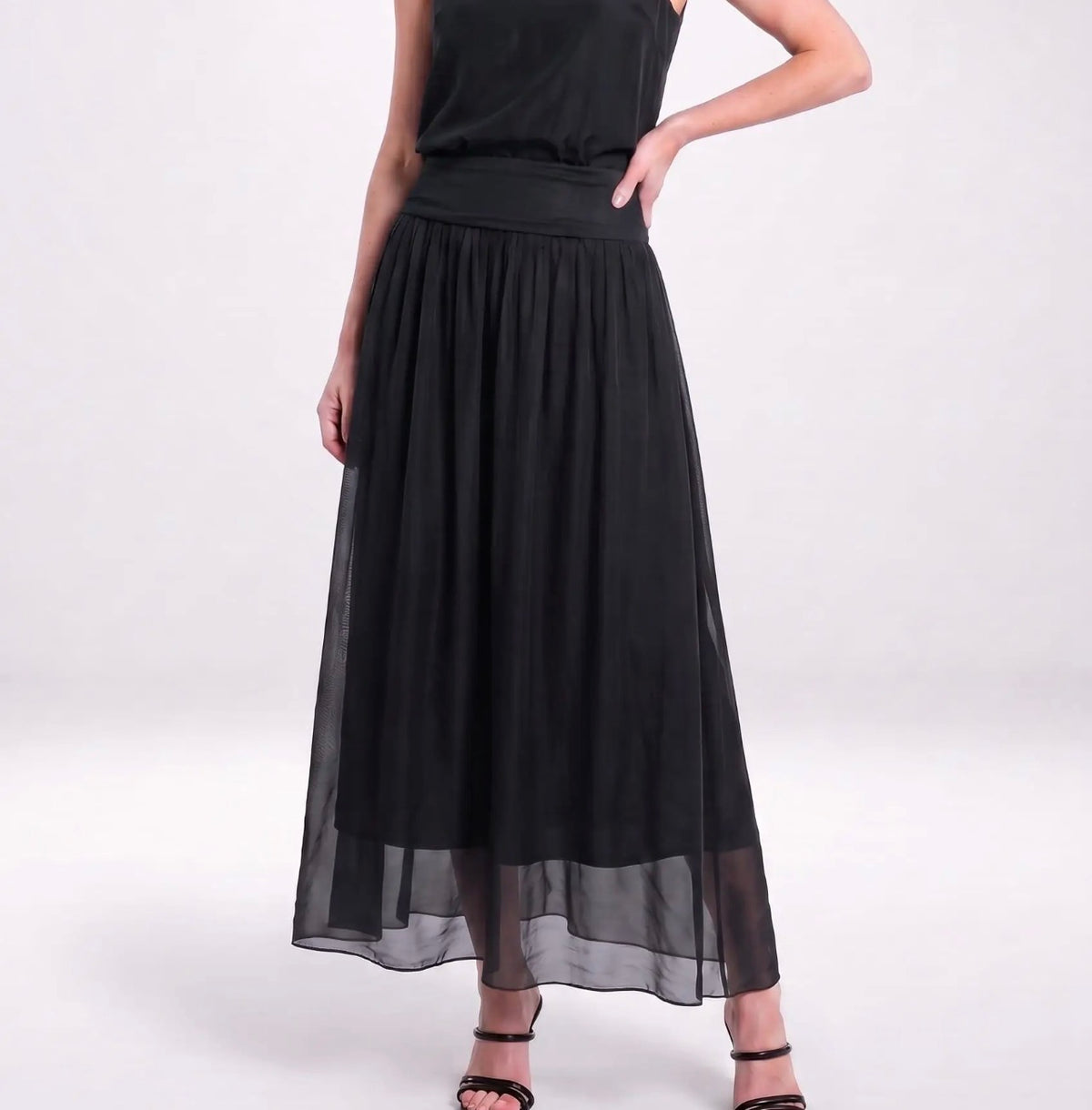 Italian Silk Foldover Waist Skirt (Black)