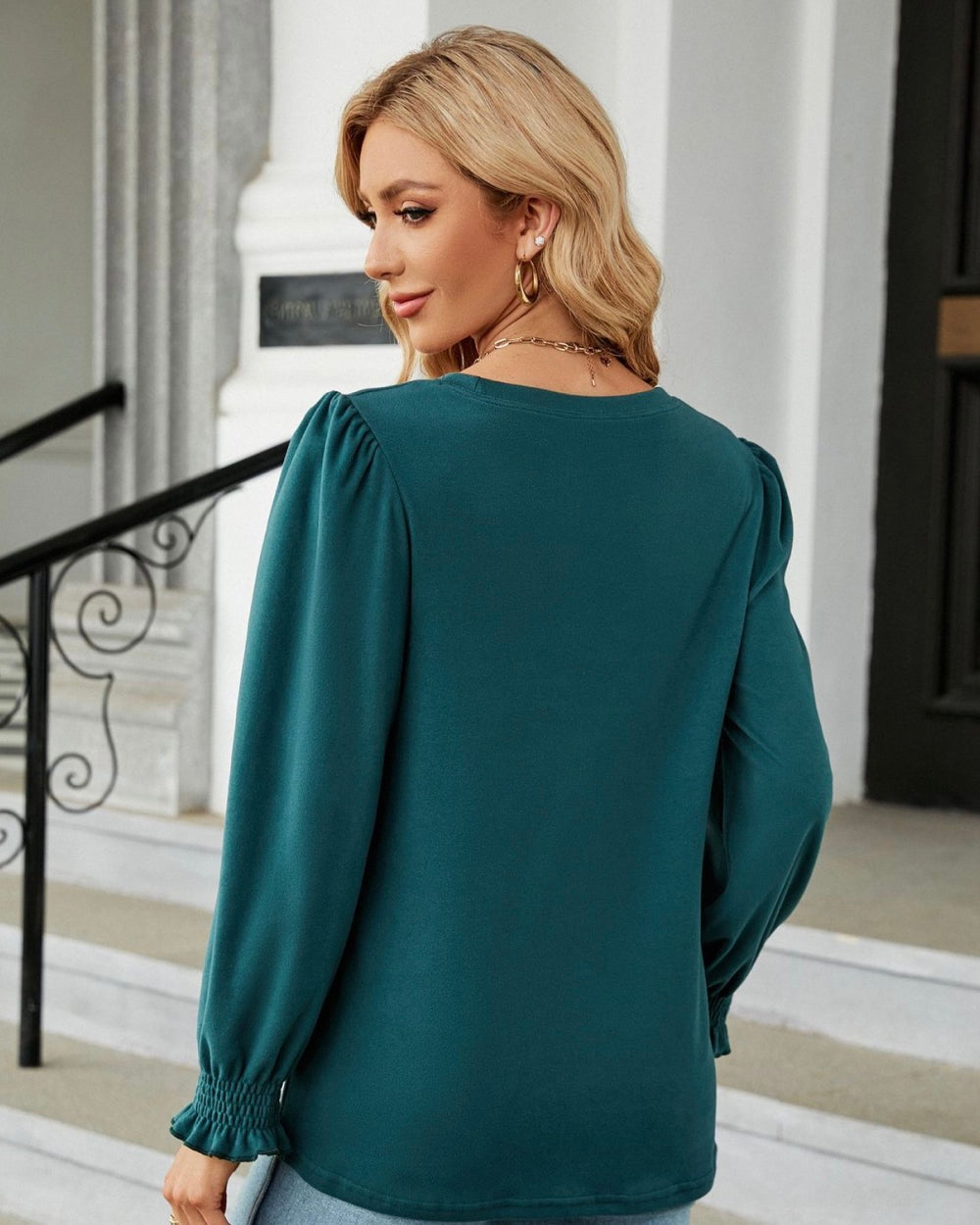 Round Neck Smocked Flounce Sleeve Blouse