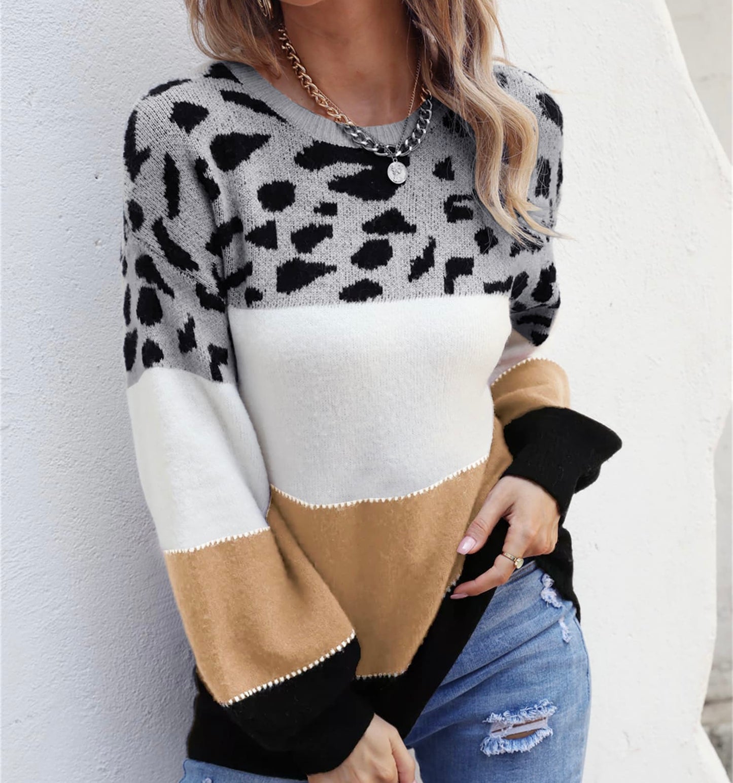 Color Block Round Neck Lantern Sleeve Sweater