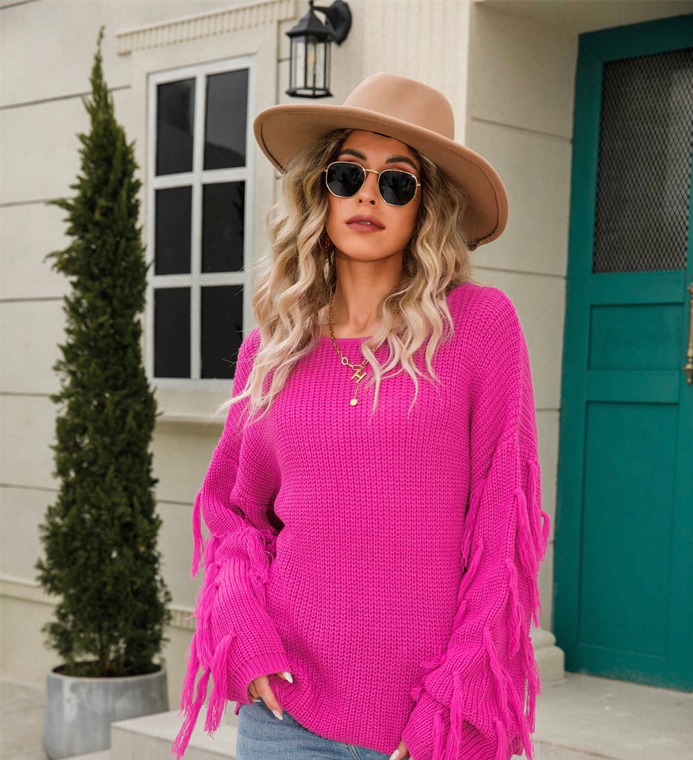 Ribbed Round Neck Fringe Detail Sweater