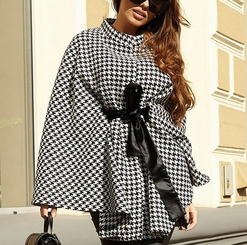 Houndstooth Tie Waist Trench Coat