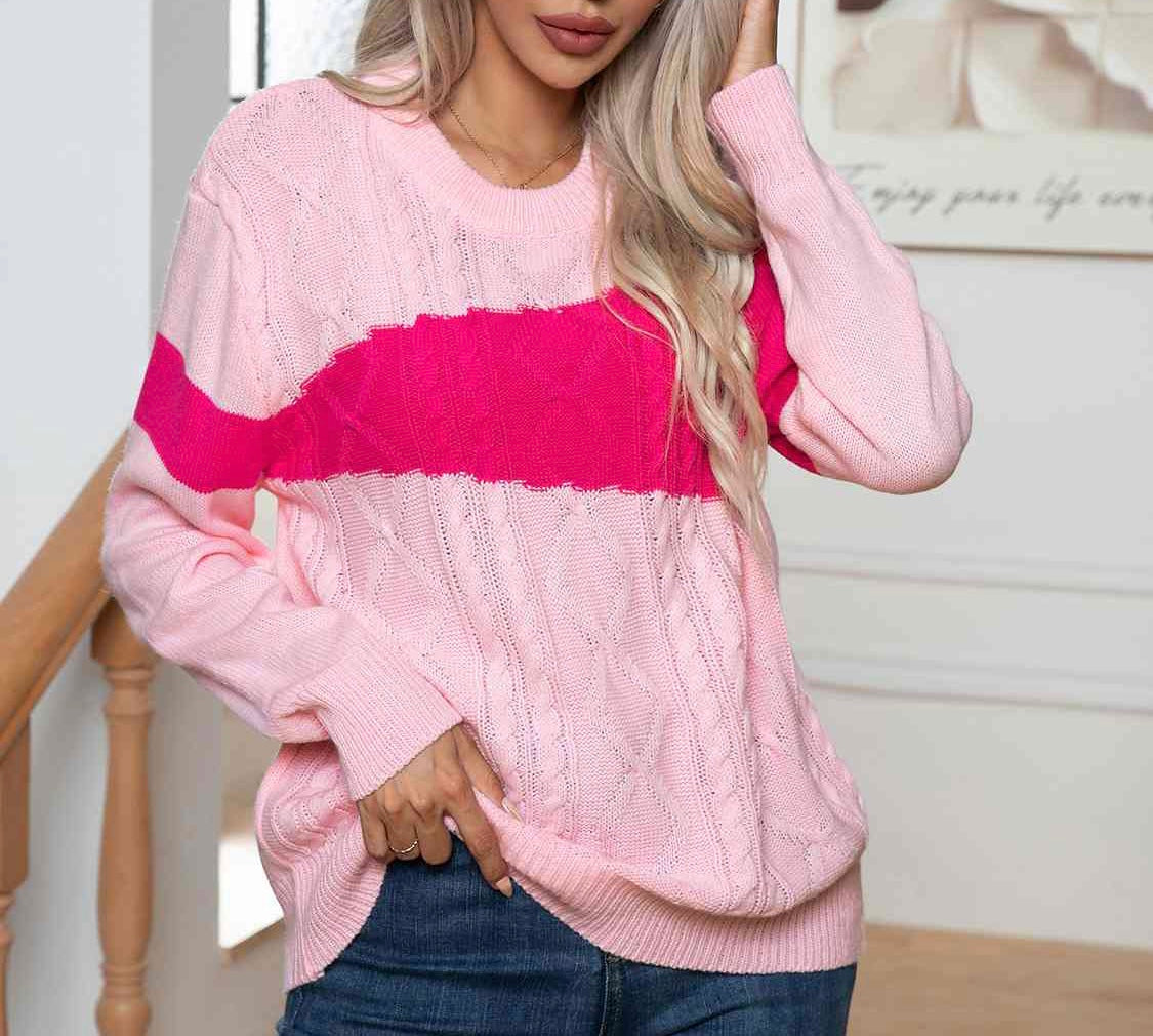 Color Block Cable-Knit Round Neck Sweater