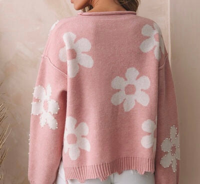 Flower Pattern Pearl Detail Rolled Slit Sweater