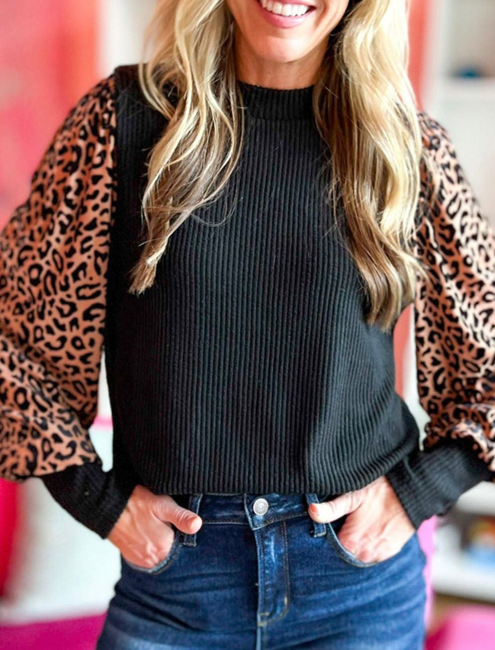 Leopard Print Sleeve Round Neck Blouse