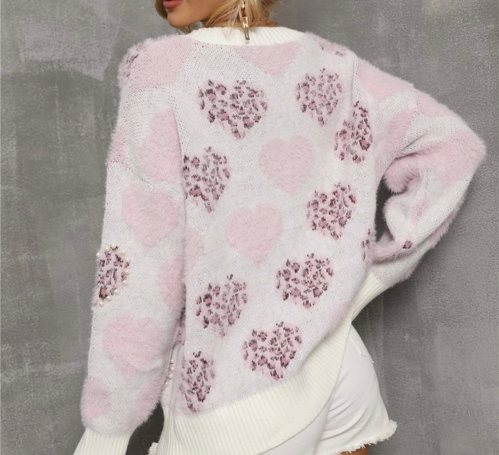 Heart Pattern Round Neck Long Sleeve Sweater