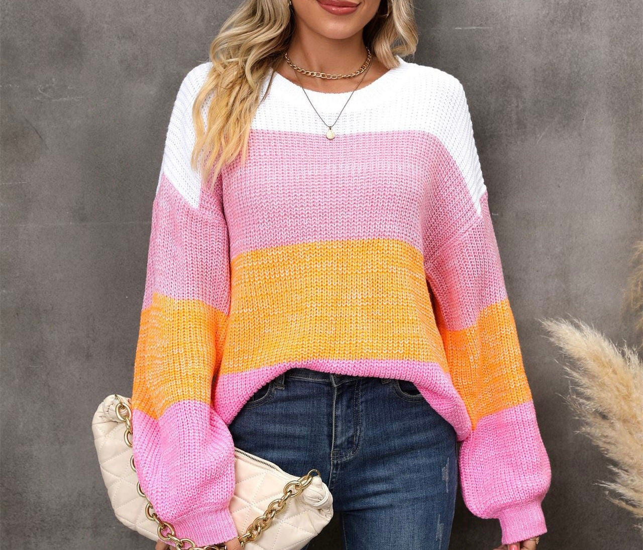 Color Block Round Neck Dropped Shoulder Sweater