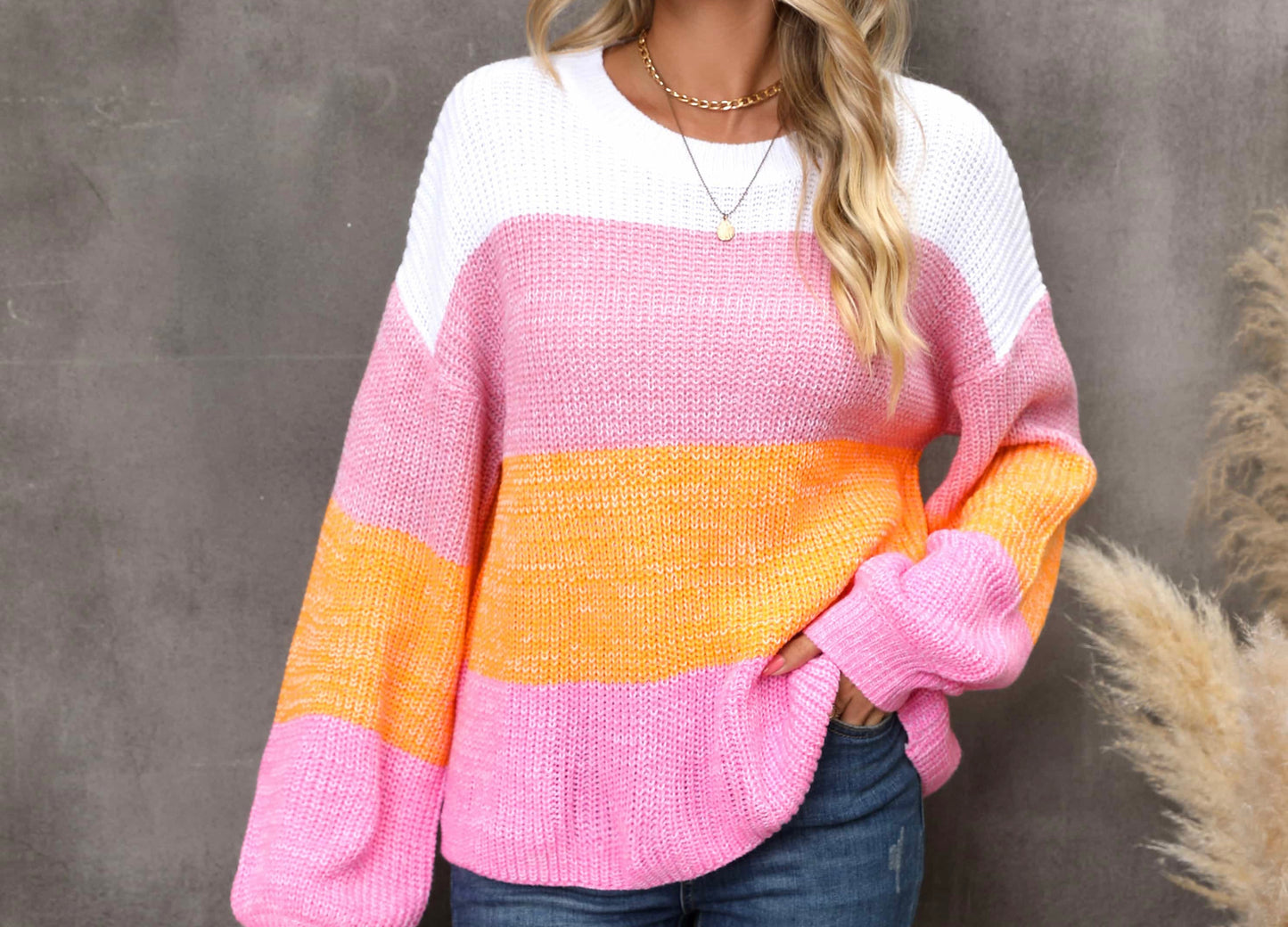 Color Block Round Neck Dropped Shoulder Sweater