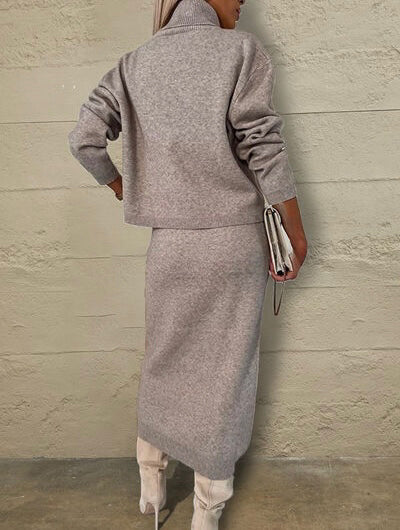 Turtleneck Dropped Shoulder Sweater and Midi Dress Sweater Set