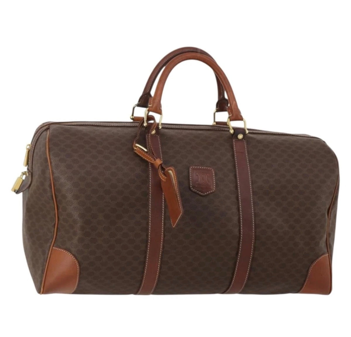 CELINE Macadam canvas Boston bag front with twin handles and leather corner patches
