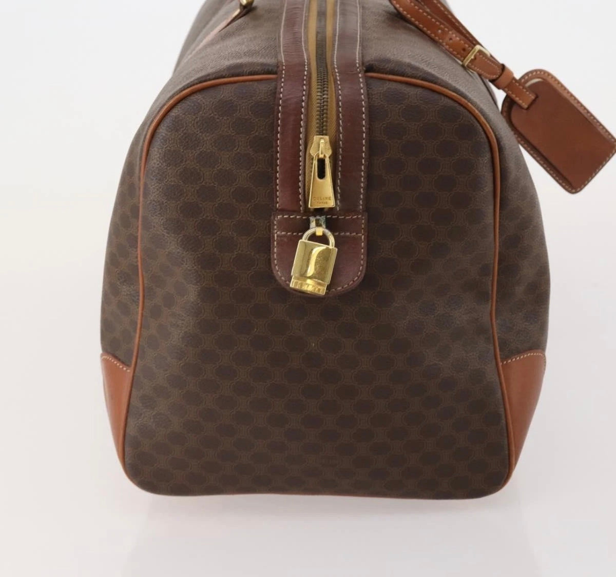 CELINE Macadam canvas Boston bag end panel with gold-tone zipper and padlock