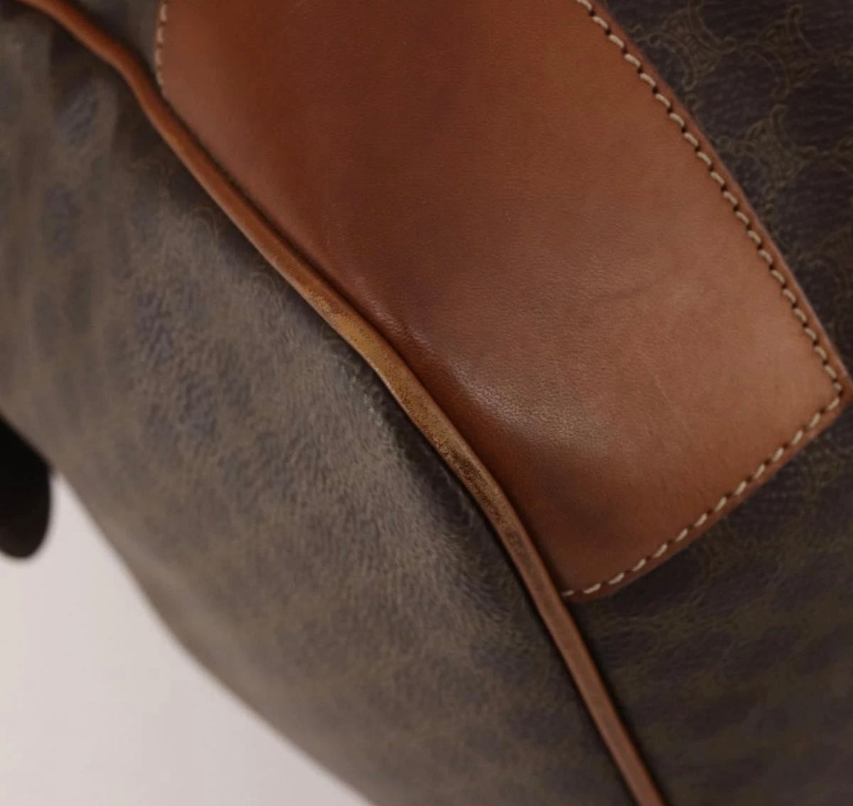 CELINE Macadam canvas Boston bag close-up of leather corner patch and edge piping
