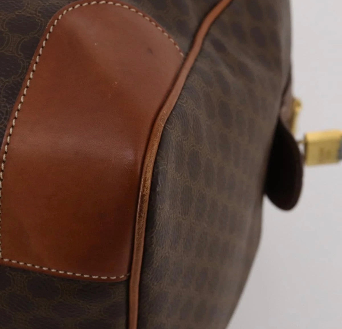 CELINE Macadam canvas Boston bag close-up of leather corner reinforcement and piping