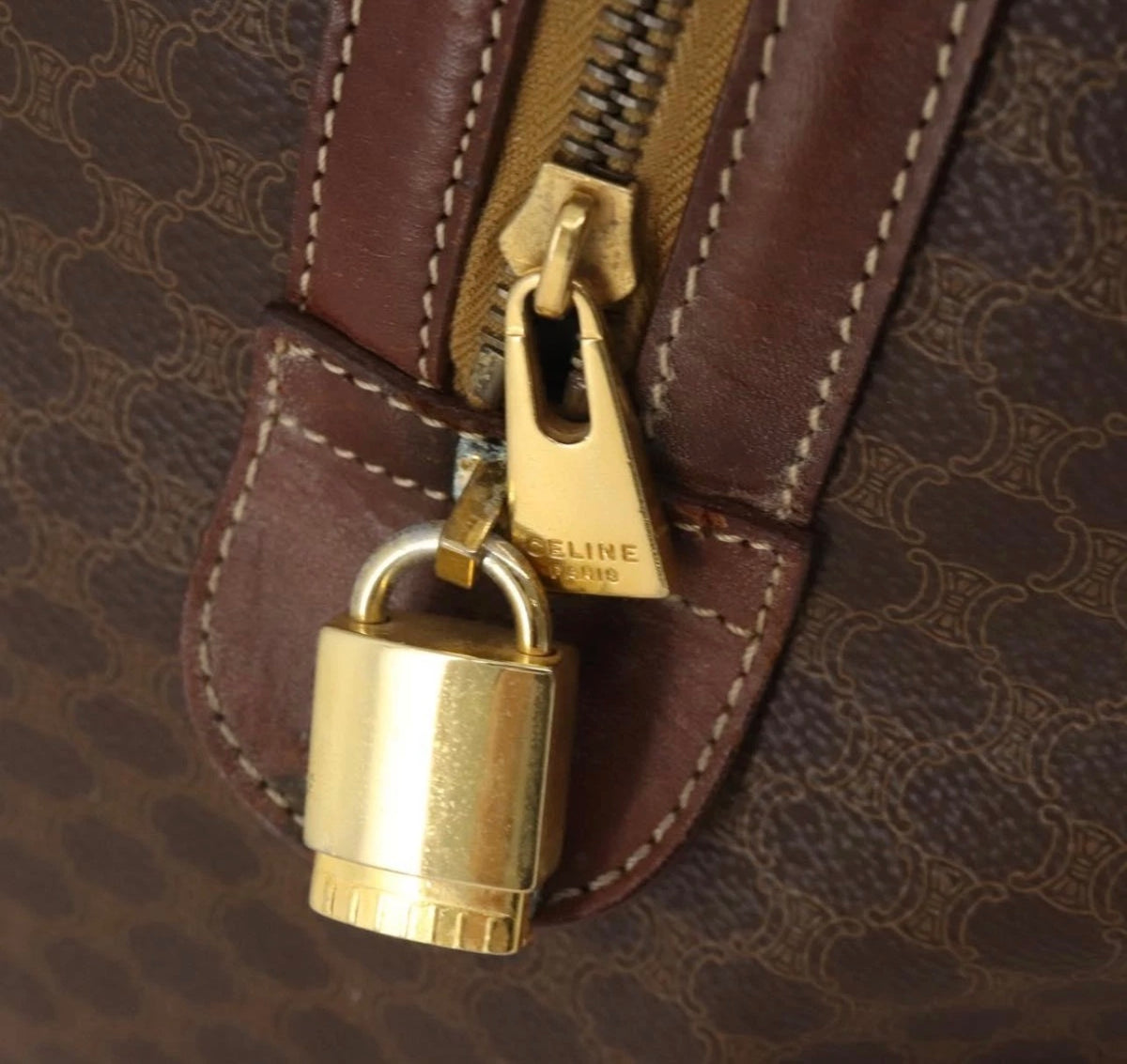CELINE Macadam Boston bag zipper pull and attached gold-tone lock