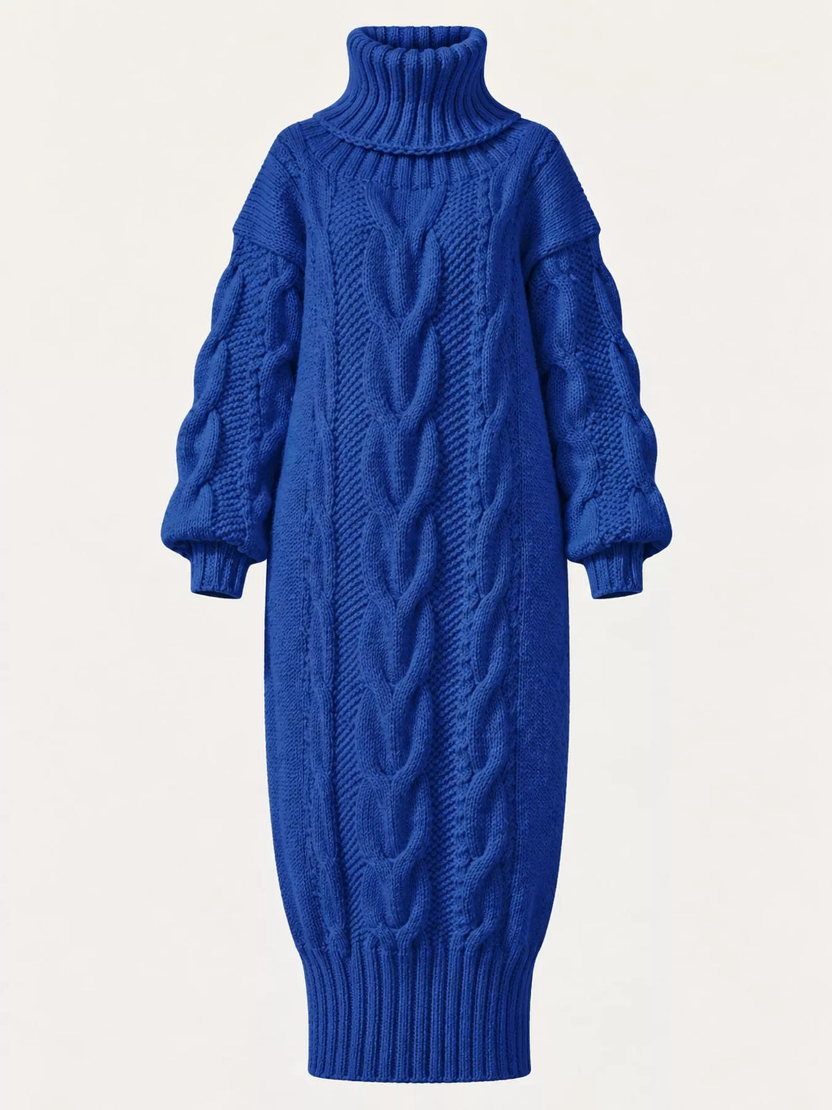 Chunky cable knit turtleneck sweater dress, royal blue, high neck, long sleeves, ribbed hem