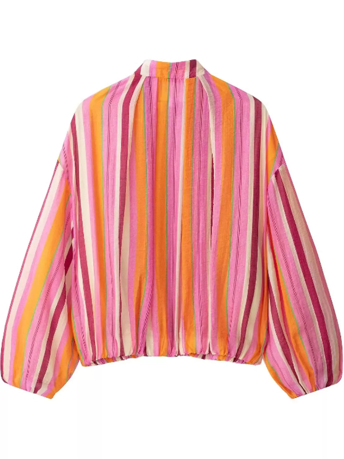 Pink striped lightweight zip-up jacket, back view, elastic cuffs and cropped hem