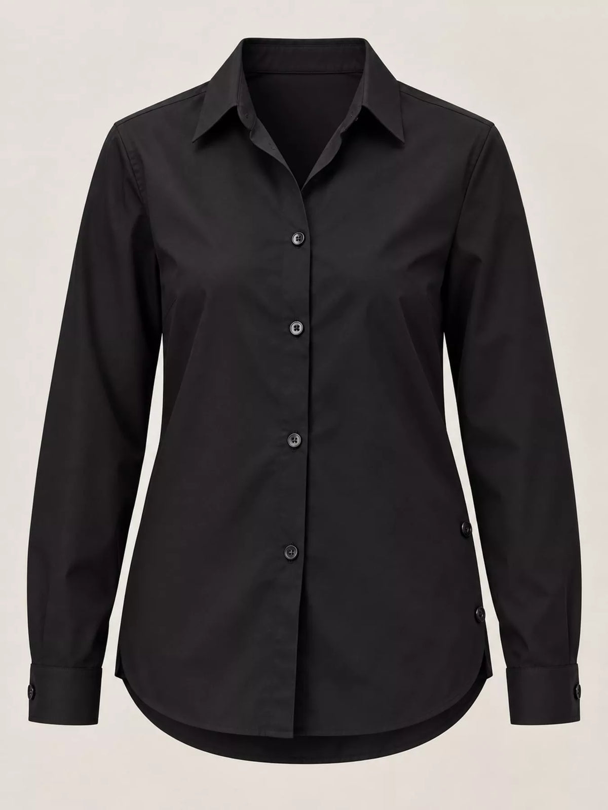 Black button-up long sleeve shirt, front view with button placket