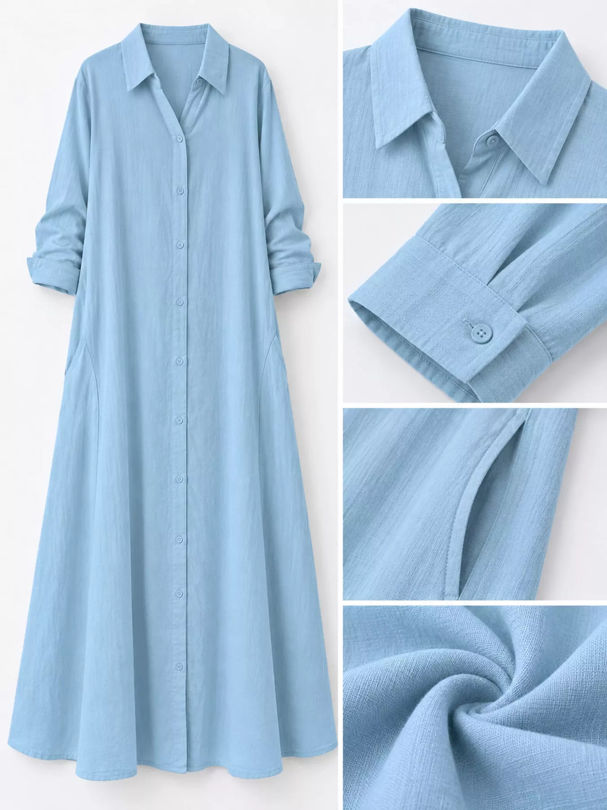 Light blue maxi shirt dress details: collared neckline, button placket, cuffs, soft fabric weave