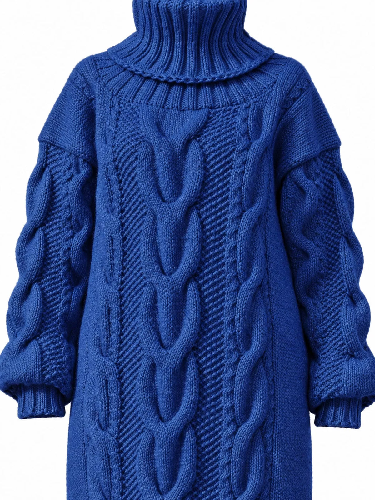 Chunky cable knit turtleneck sweater dress, long sleeves, blue textured knit