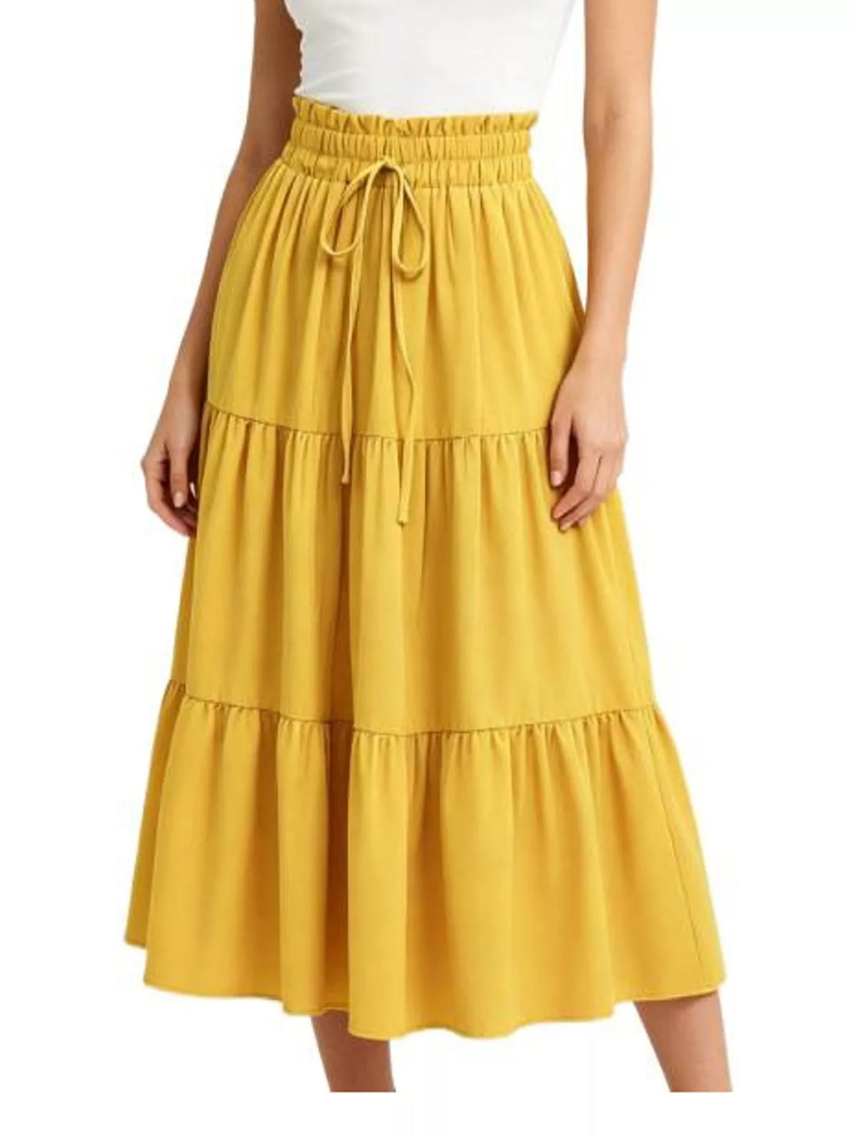 Yellow tiered midi skirt with elastic waistband and drawstring tie at the center.
