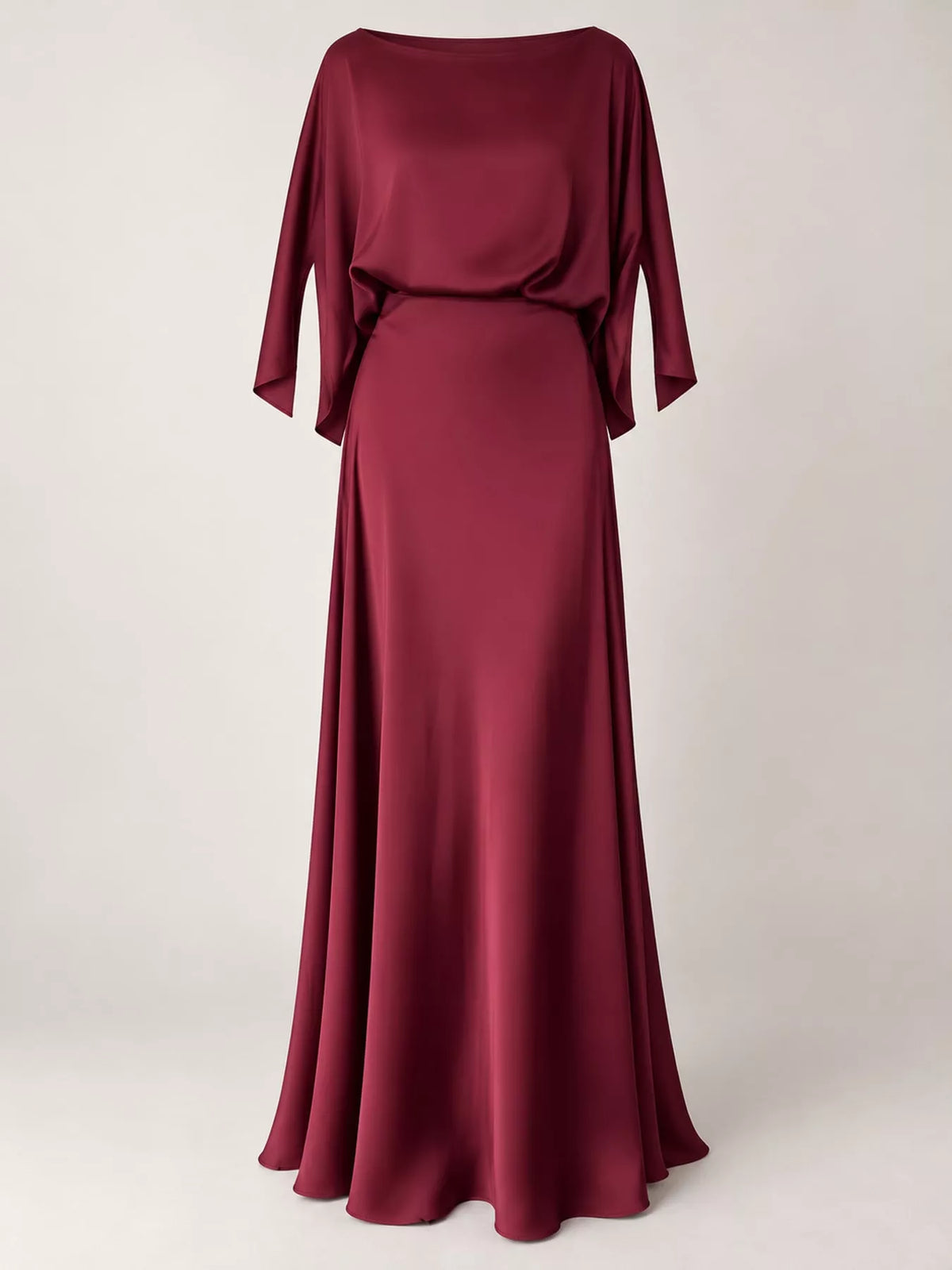 Wine red satin maxi dress with wide neckline and draped cape sleeves