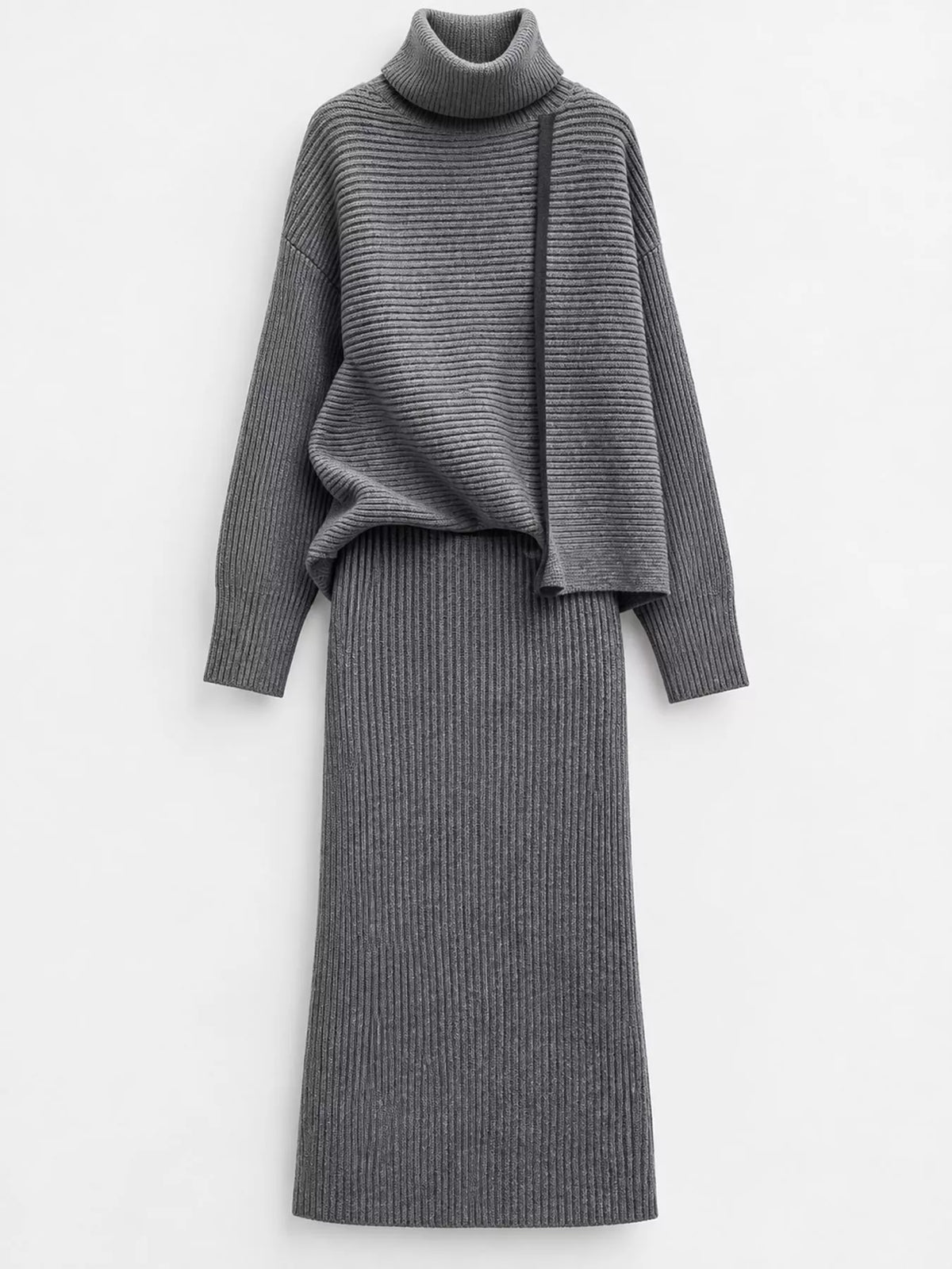 Gray ribbed turtleneck sweater and matching midi skirt, displayed flat