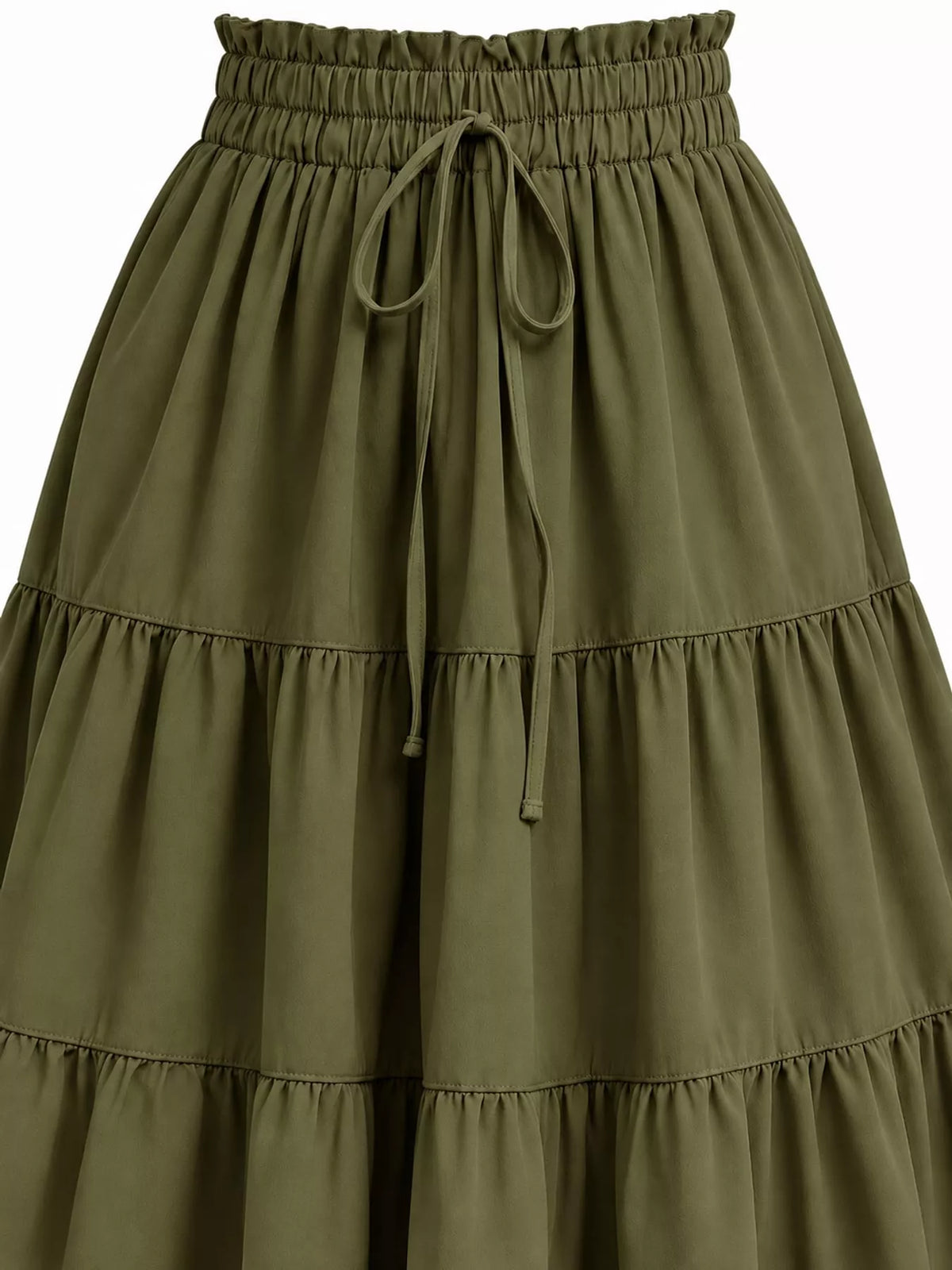 Olive tiered midi skirt close-up with elastic waist and bow-tied drawstring