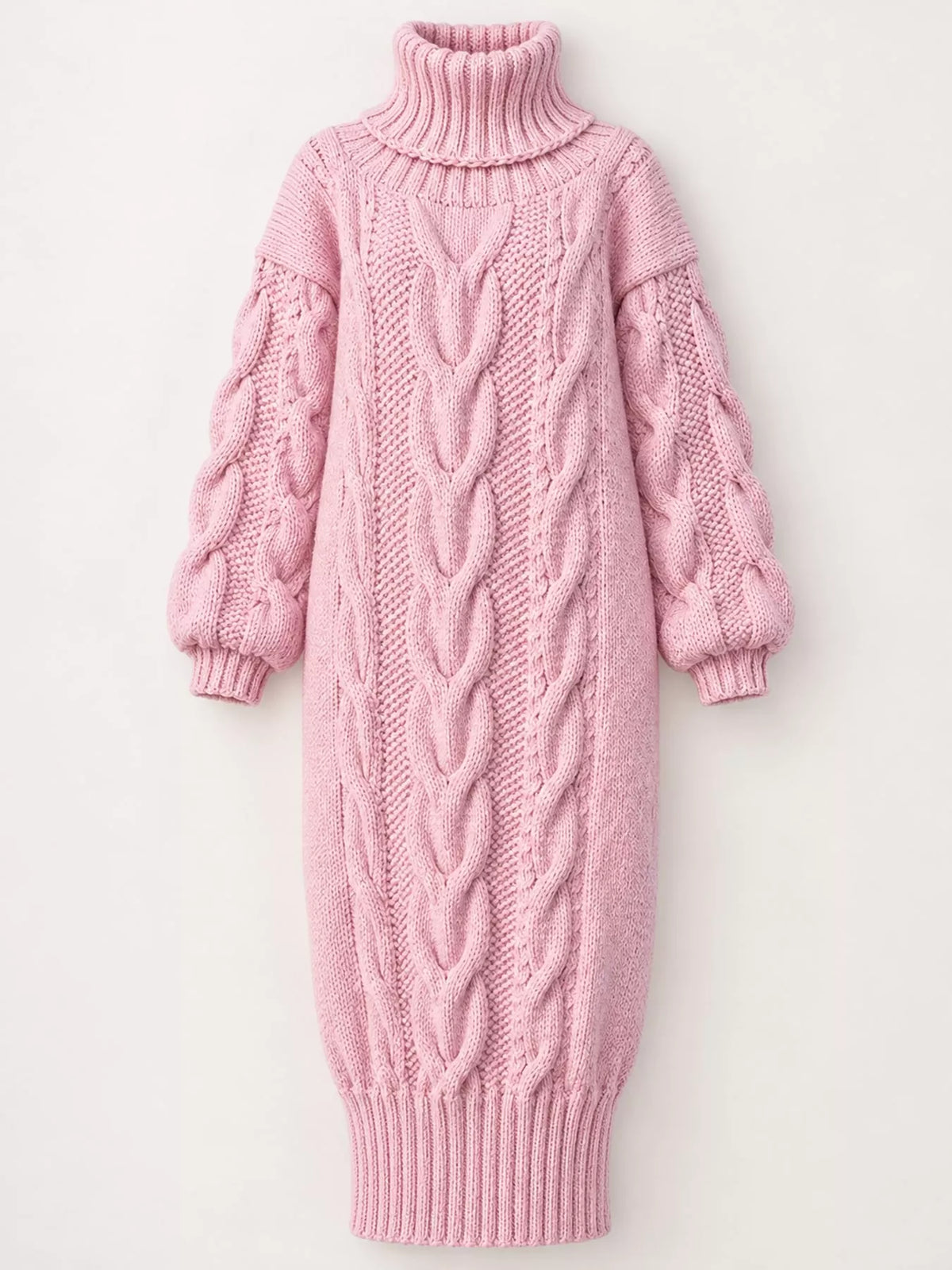 Chunky cable knit turtleneck sweater dress, front view, pink ribbed hem and cuffs