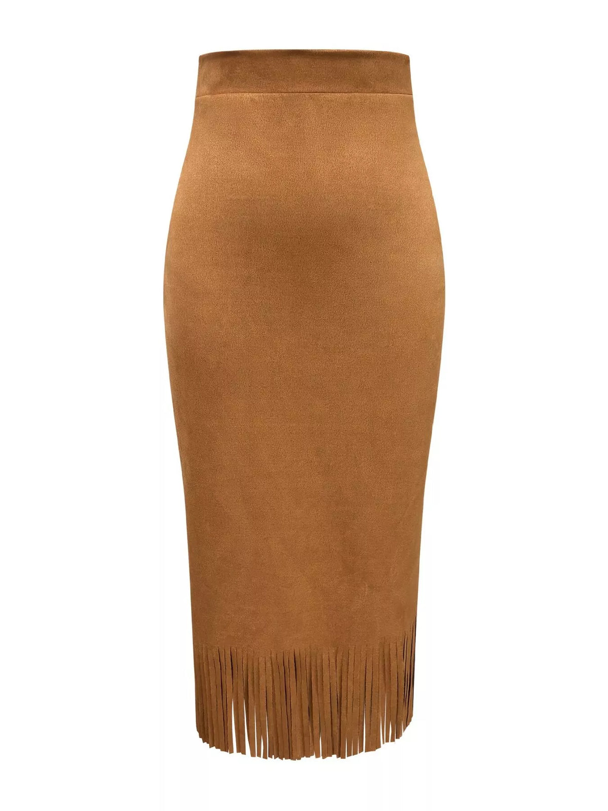 Light brown suede high-waisted midi skirt with straight hem fringe