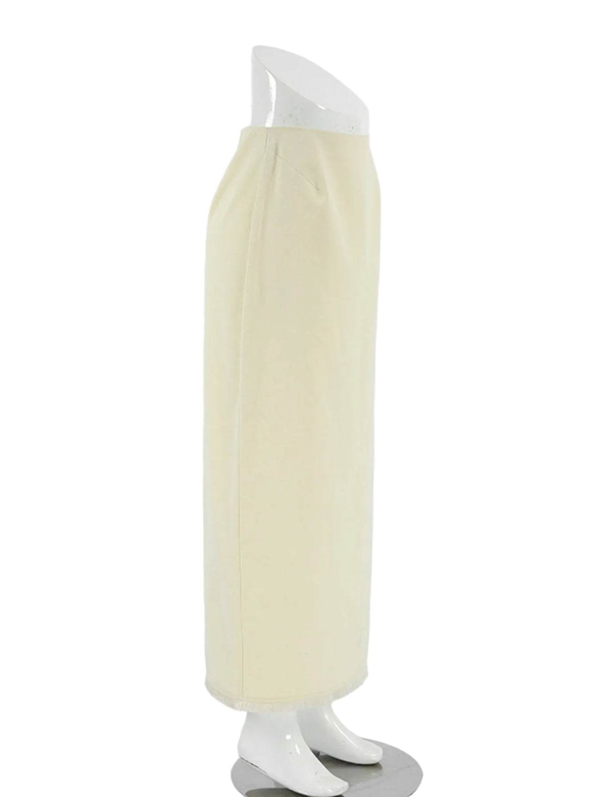 Beige midi skirt shown in profile, with a slim straight cut.