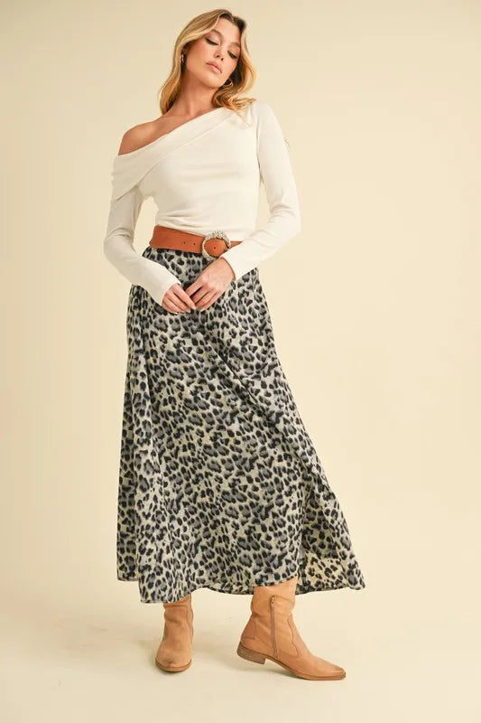 Aemi+Co leopard midi skirt in a full-length outfit view