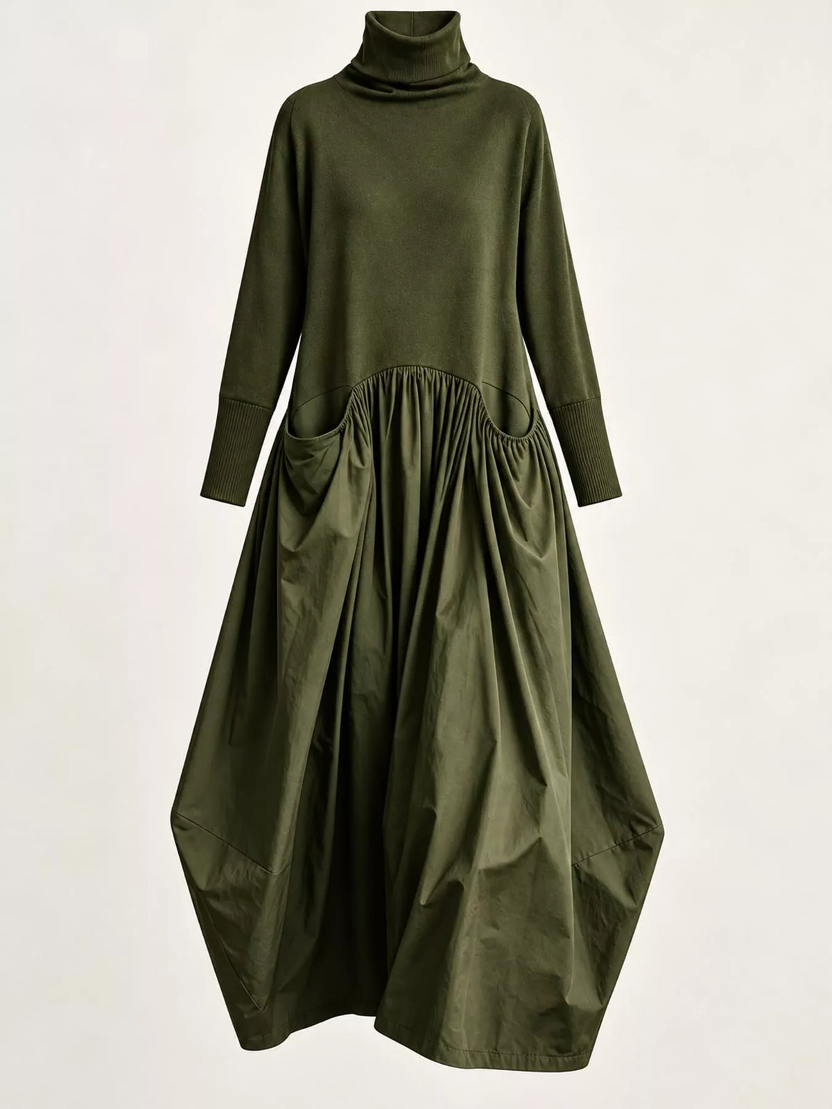 Olive-green long-sleeve turtleneck maxi dress with gathered skirt and patch pocket
