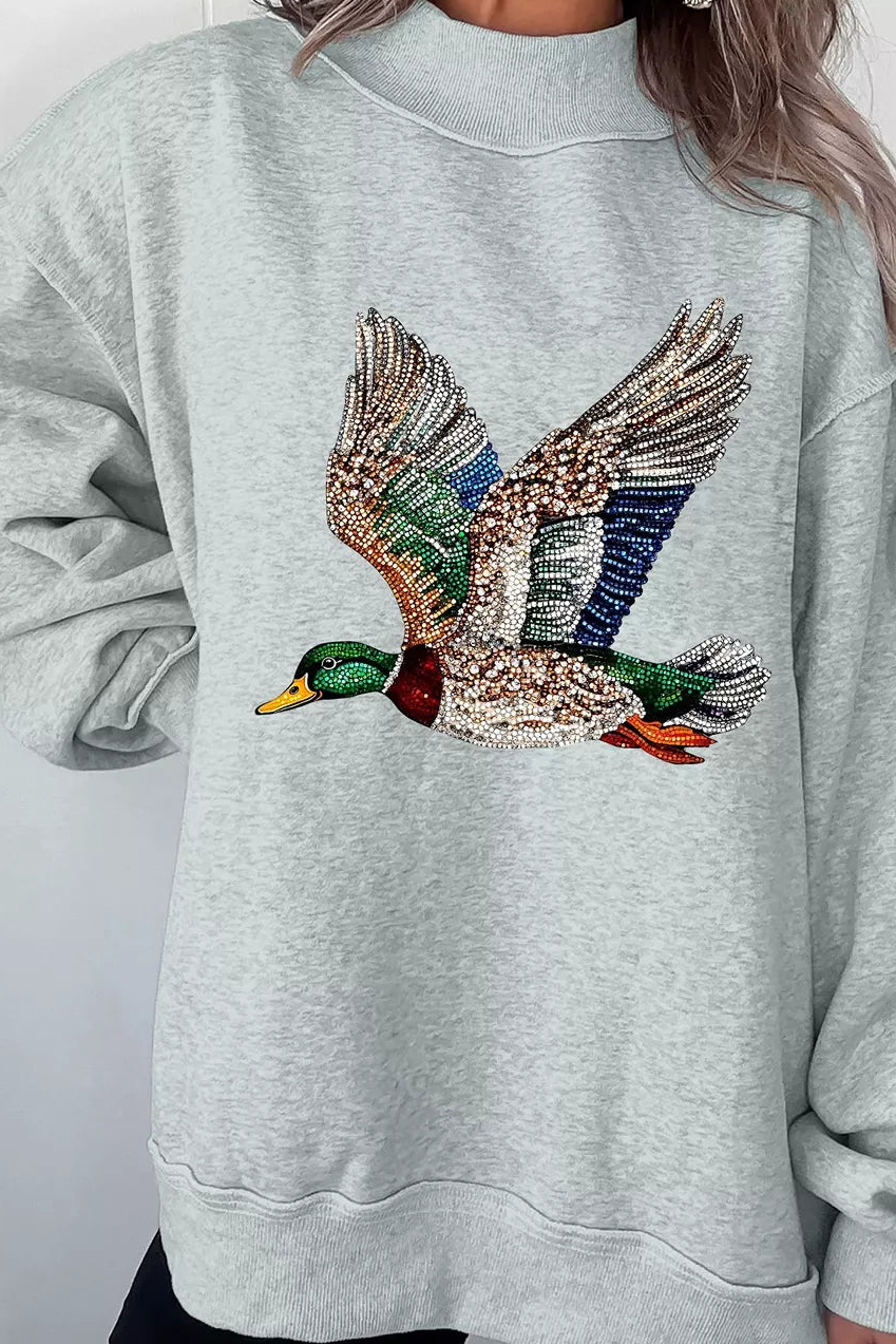Gray mock-neck sweatshirt with sequin mallard duck graphic on the chest