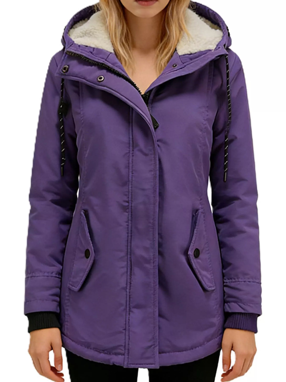 Purple sherpa-lined hooded parka with front zip and snap-button flap pockets