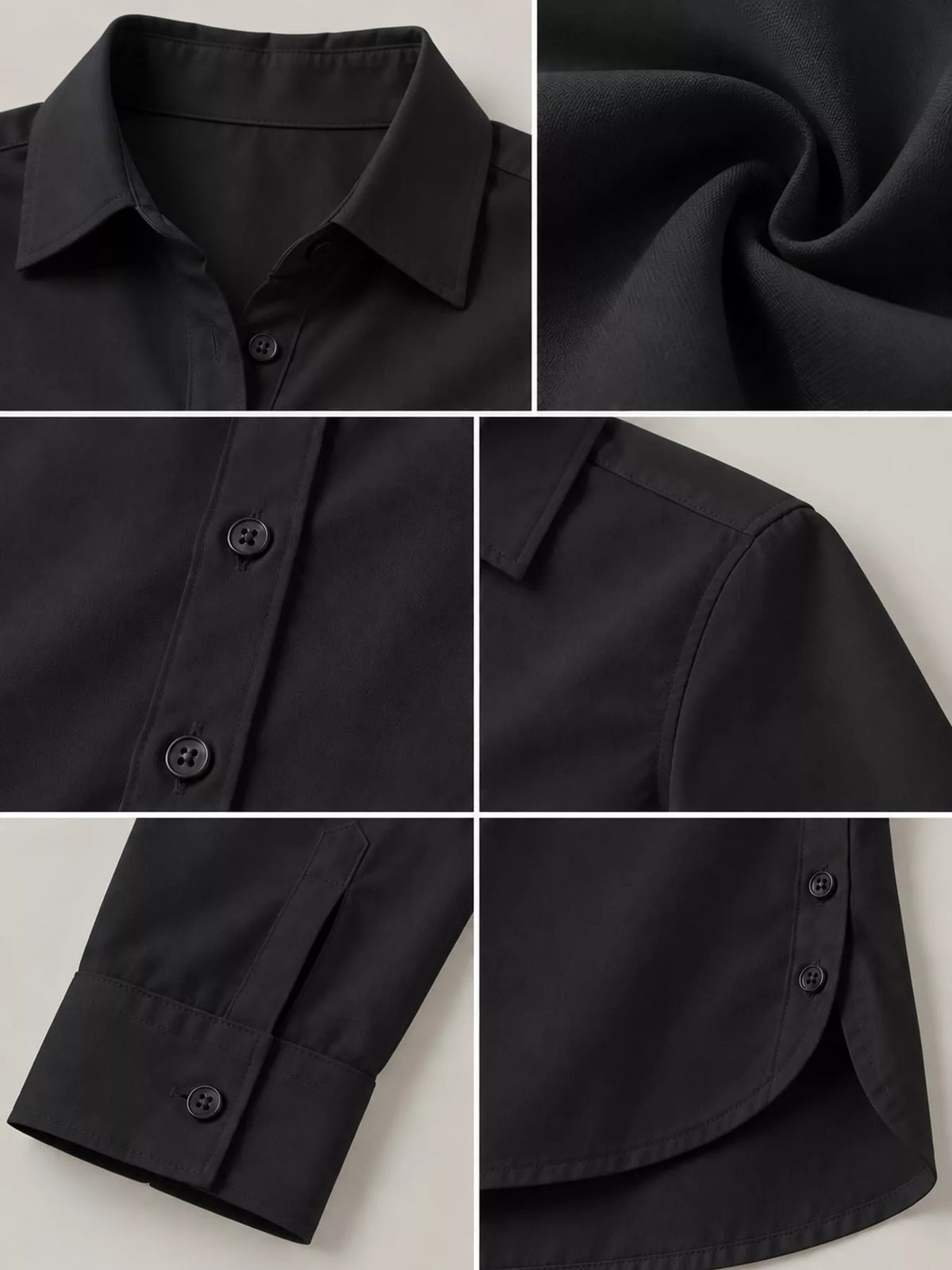 Black button-up shirt detail: collar, button placket, and buttoned cuff