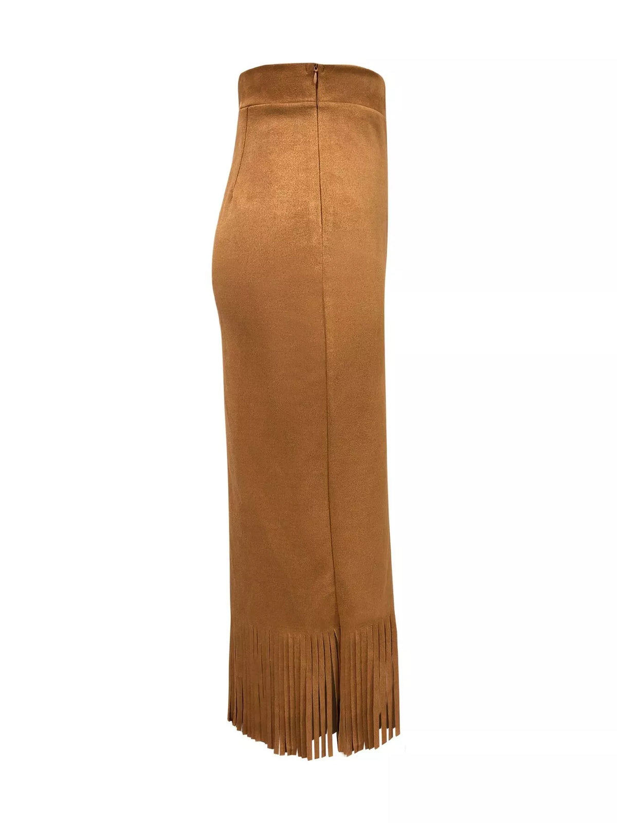 Light brown suede high-waisted midi skirt with vertical seam and fringe bottom