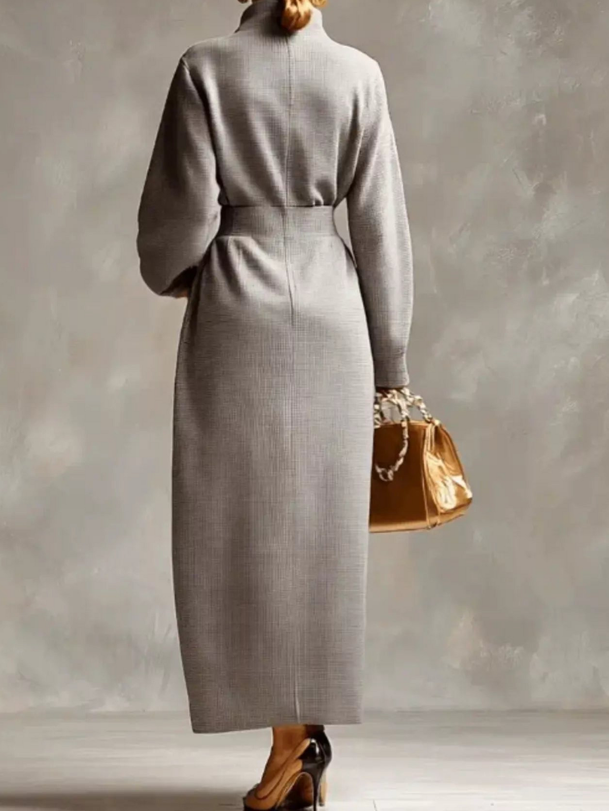 Back view of grey waffle-knit midi dress with high collar, long sleeves and fitted waist
