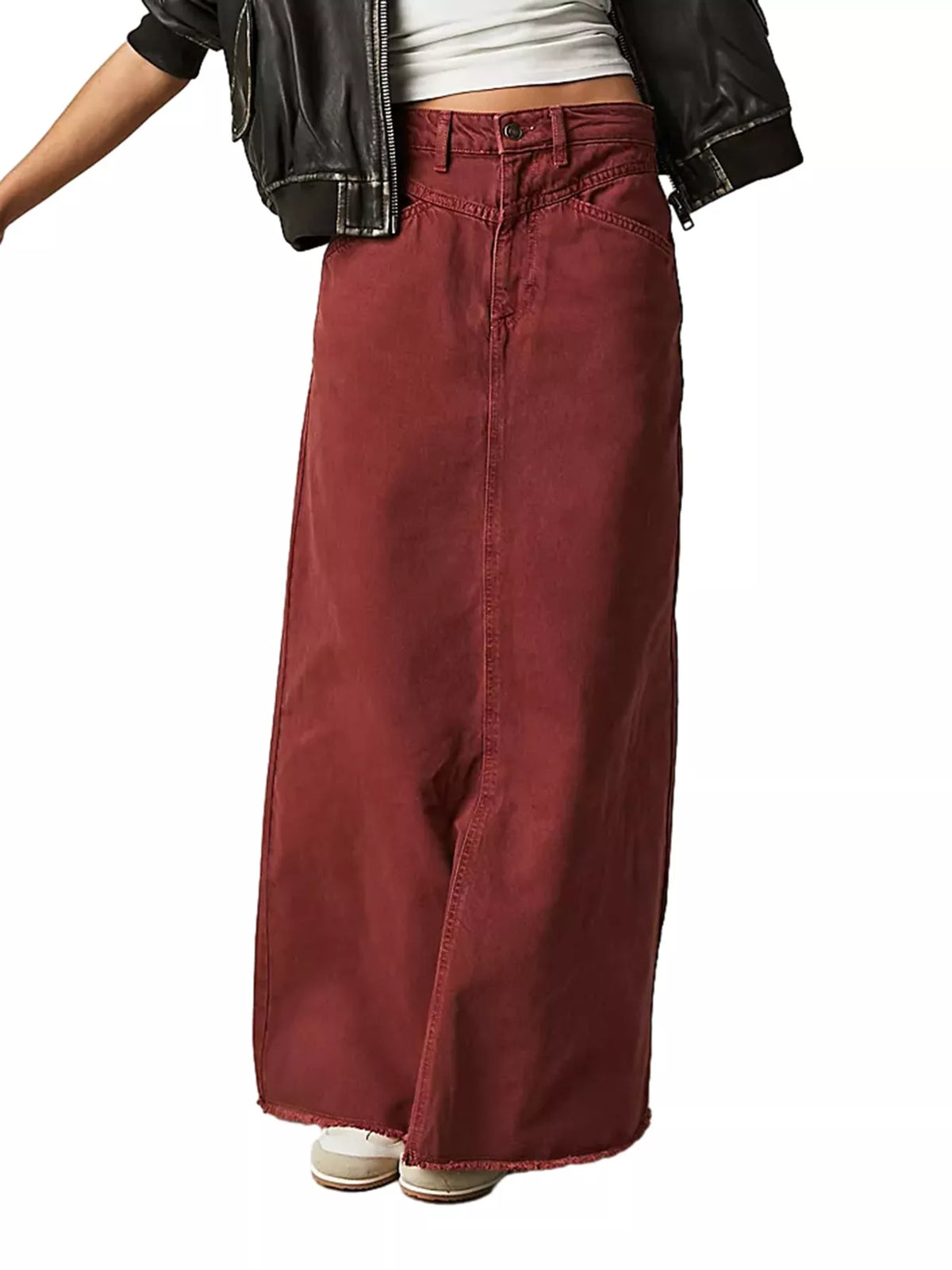 Burgundy raw hem maxi denim skirt with button waist and front seam detail