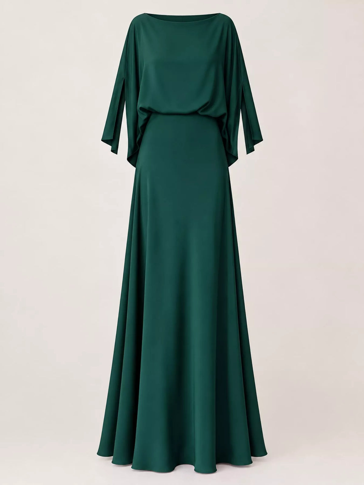 Dark green satin maxi dress with draped scoop neckline and wide cape sleeves