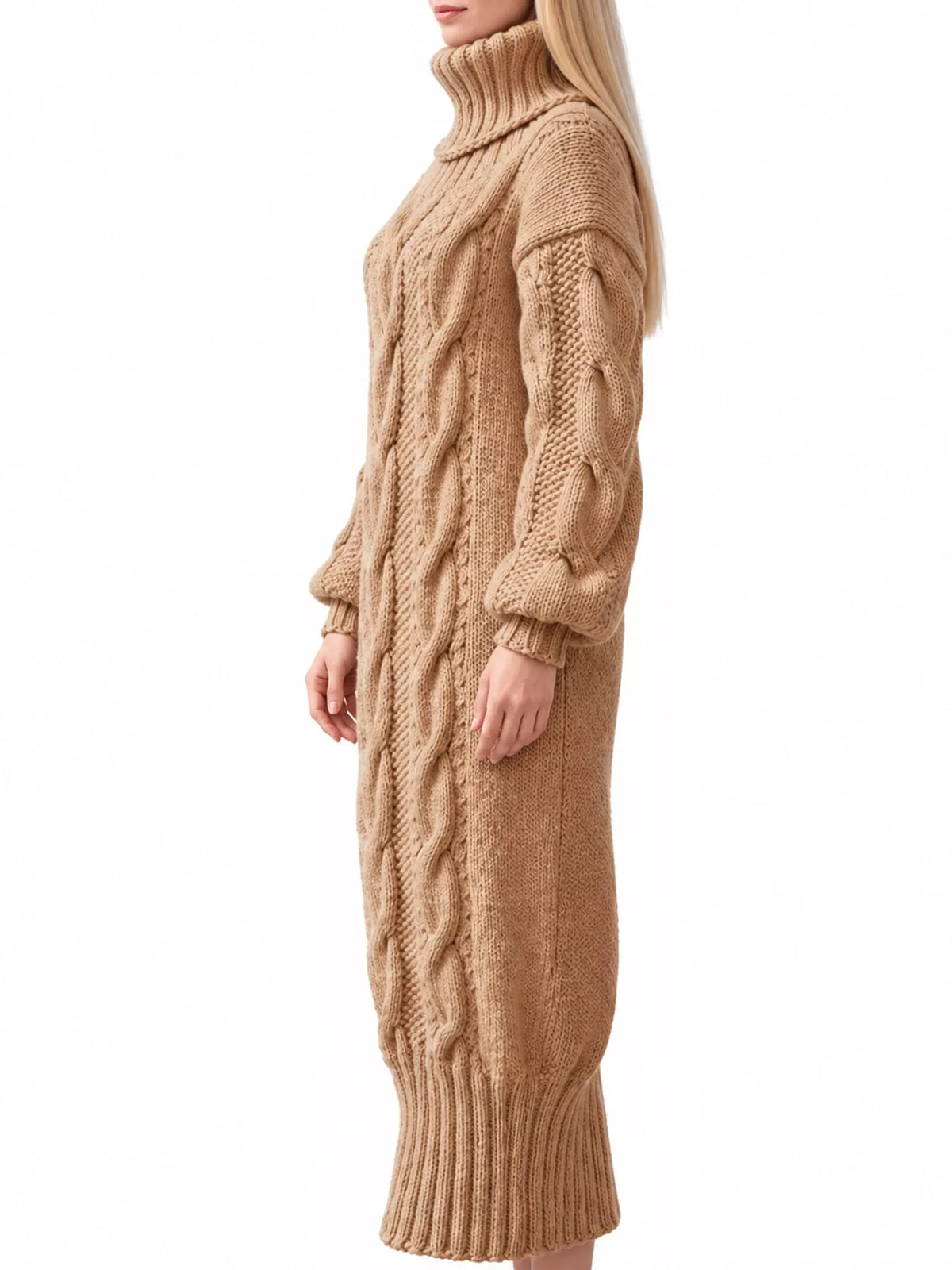 Chunky cable-knit turtleneck sweater dress in tan, side view, long puff sleeves.