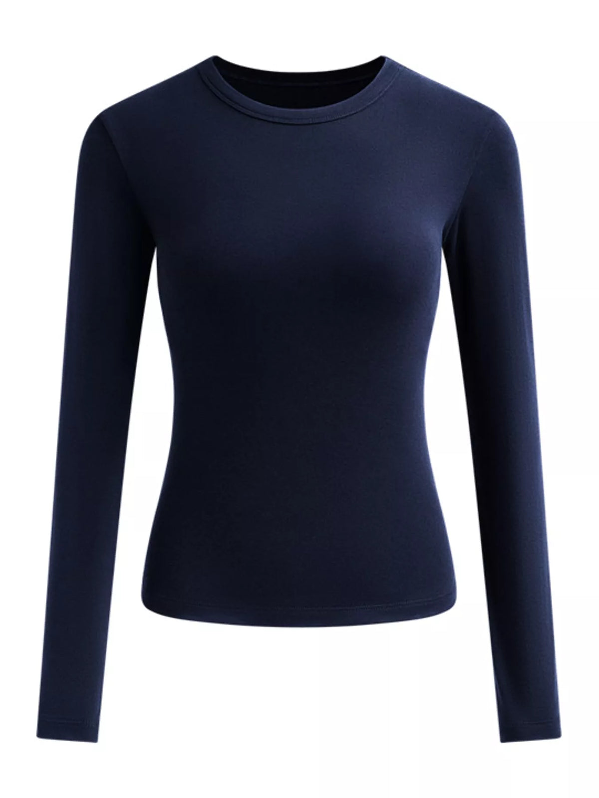 Navy slim-fit long sleeve crew neck T-shirt, front view with fitted silhouette