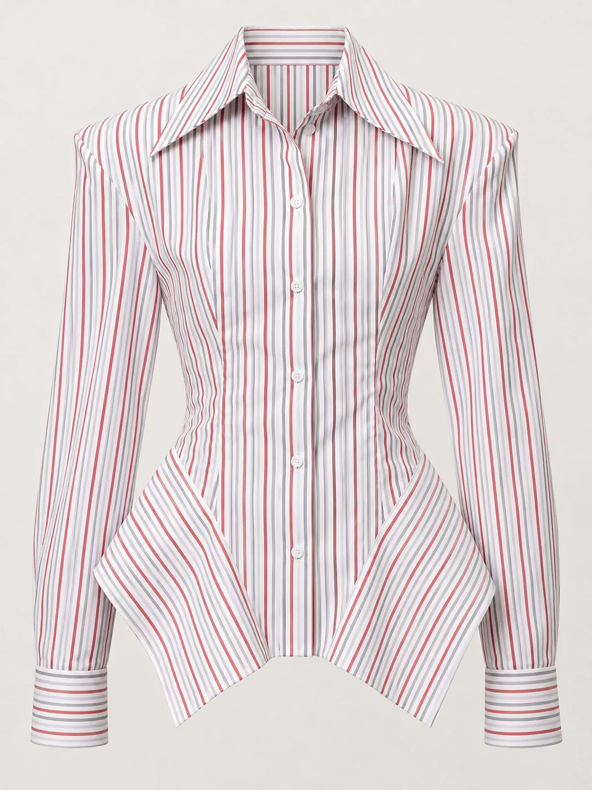 White-and-red vertical striped button-up long sleeve shirt with point collar and curved hem