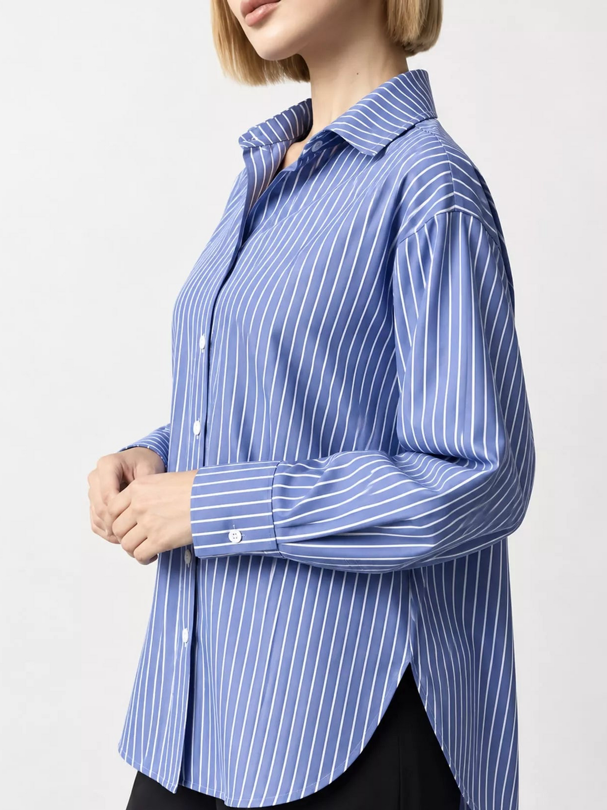 Blue-and-white striped long sleeve button-up shirt, collar and button placket