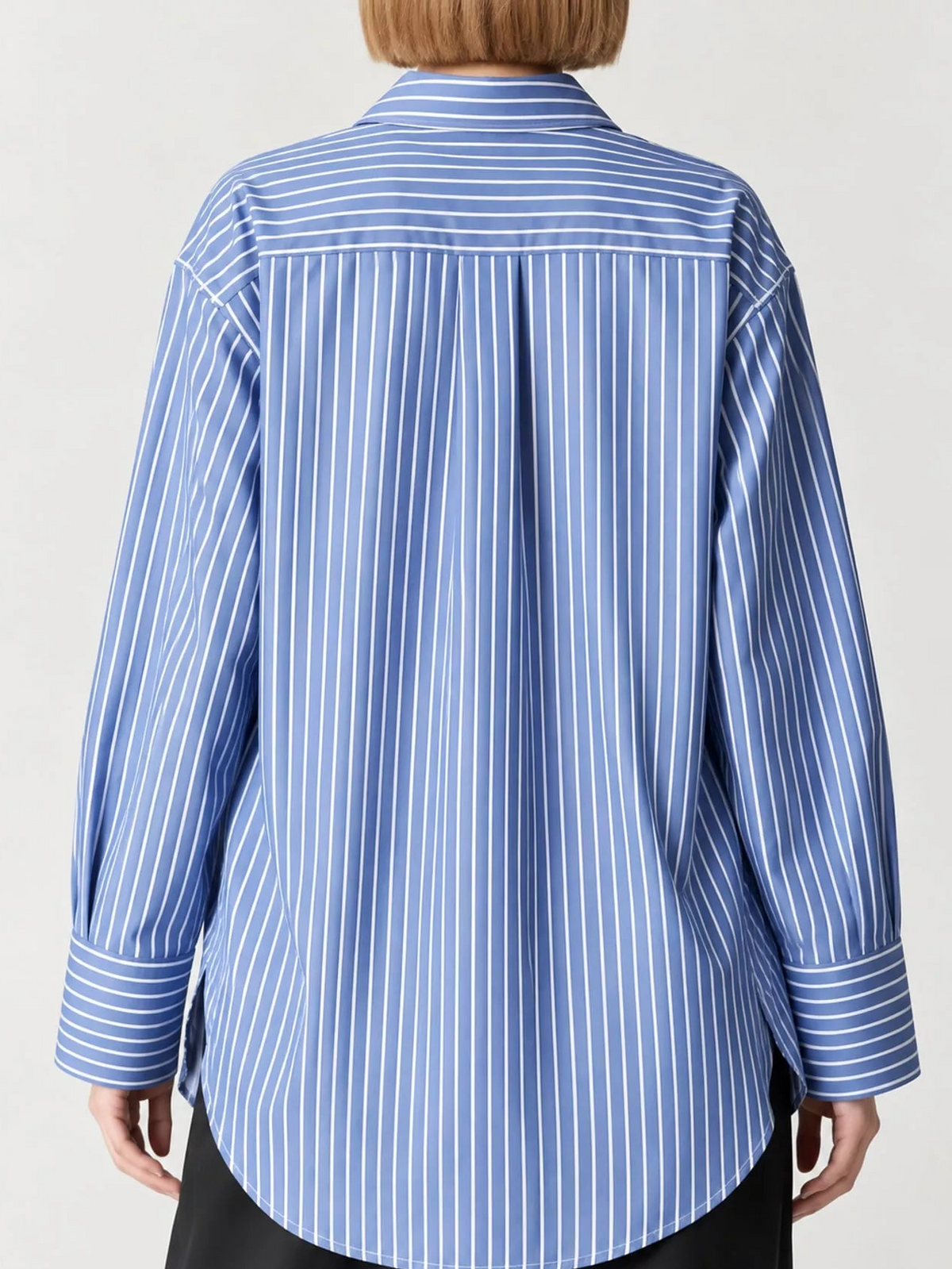 Light blue and white striped long-sleeve button-up shirt, back view